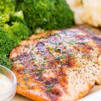 Lunch Fresh Grilled Salmon · Served with Mashed Potatoes and Broccoli