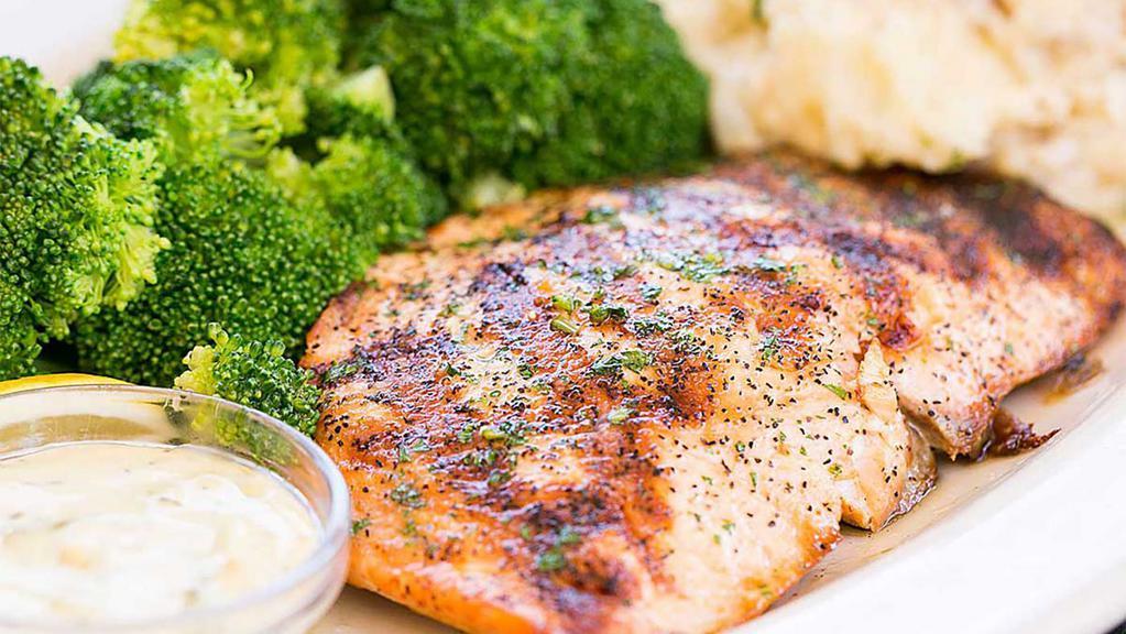 Lunch Fresh Grilled Salmon · Served with Mashed Potatoes and Broccoli
