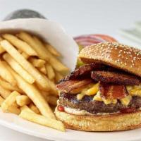 Bacon-Bacon Cheeseburger · Charbroiled and Covered with Melted Cheddar and American Cheese, Crispy Bacon, Thick-Cut Slo...