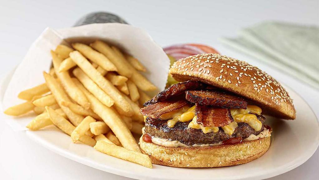 Bacon-Bacon Cheeseburger · Charbroiled and Covered with Melted Cheddar and American Cheese, Crispy Bacon, Thick-Cut Slow Roasted Smoked Bacon and Secret Sauce