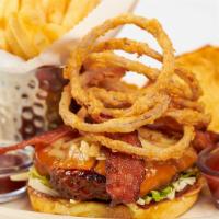 Smokehouse Bbq Burger · Smoked Bacon and Melted Cheddar with Crispy Onion Strings and BBQ Ranch Sauce