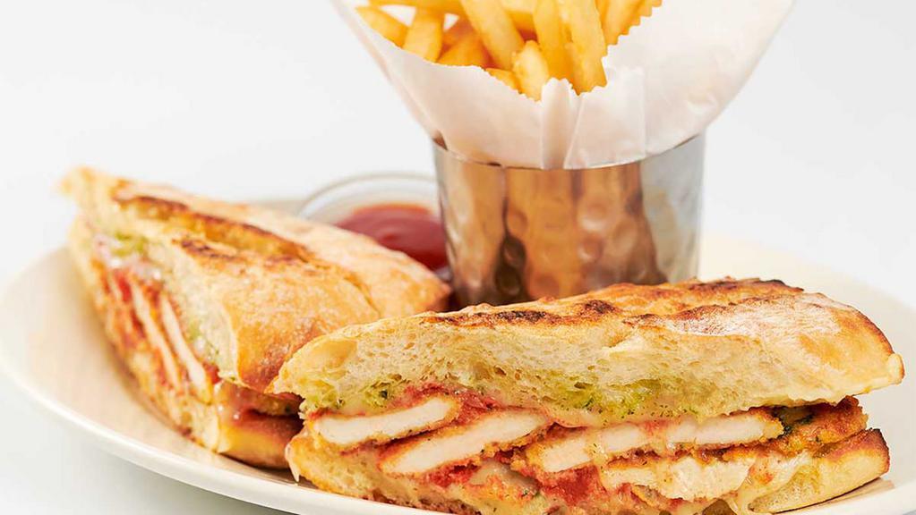 Chicken Parmesan Sandwich · Tender Chicken Lightly Coated in Parmesan Breadcrumbs, Tomato Sauce and Melted Cheese on a Freshly Grilled French Roll