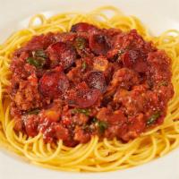 Pasta Napoletana · Italian Sausage, Pepperoni, Housemade Meatball, Mushrooms, Peppers, Bacon, Onions and Garlic...