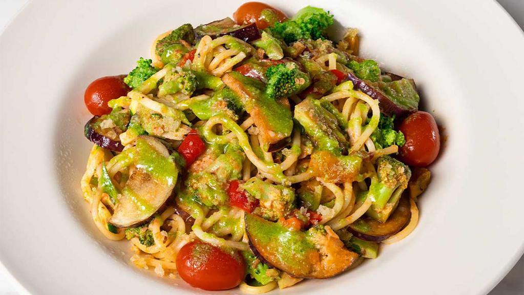 Evelyn's Favorite Pasta · Penne Pasta Tossed with Broccoli, Oven-Dried Tomato, Zucchini, Roasted Eggplant, Peppers, Artichoke, Kalamata Olives, Onion, Garlic and Pine Nuts