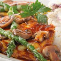 Chicken Madeira · Our most popular chicken dish! Sauteed Chicken Breast Topped with Fresh Asparagus and Melted...