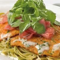 Chicken Bellagio · Crispy Coated Chicken Breast over Basil Pasta and Parmesan Cream Sauce Topped with Prosciutt...