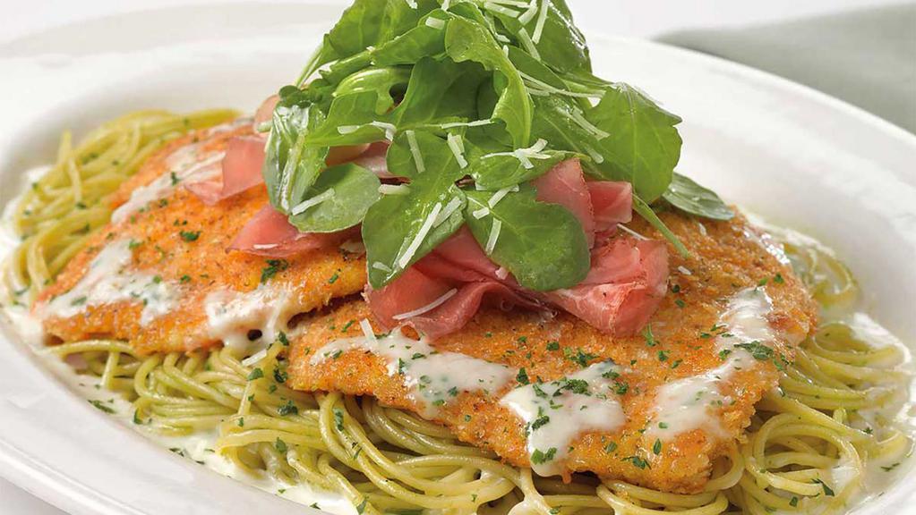 Chicken Bellagio · Crispy Coated Chicken Breast over Basil Pasta and Parmesan Cream Sauce Topped with Prosciutto and Arugula Salad