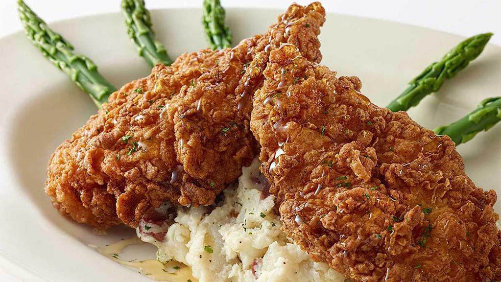 Truffle-Honey Chicken · Fried Chicken Breast with Truffle-Honey, Asparagus and Mashed Potatoes