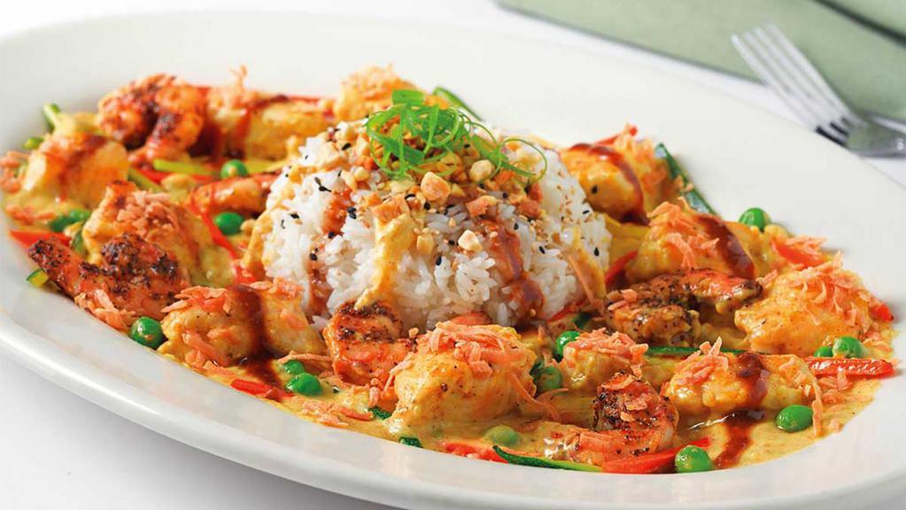 Bang-Bang Chicken And Shrimp · A Spicy Thai Dish with the Flavors of Curry, Peanut, Chile and Coconut. Sauteed with Vegetables and Served over Steamed White Rice