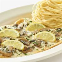 Chicken Piccata · Sautéed Chicken Breast with Lemon Sauce, Mushrooms and Capers. Served with Angel Hair Pasta