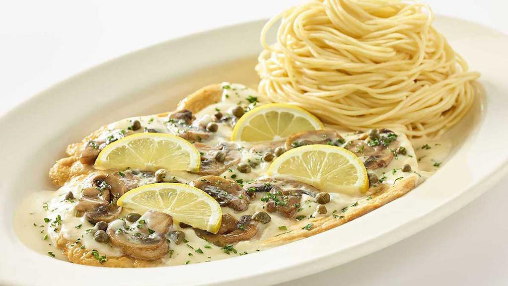 Chicken Piccata · Sautéed Chicken Breast with Lemon Sauce, Mushrooms and Capers. Served with Angel Hair Pasta
