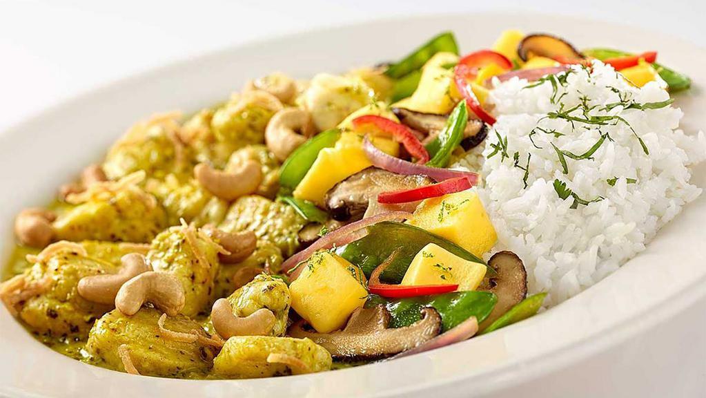 Thai Coconut-Lime Chicken · Tender Pieces of Chicken, Snow Peas, Shiitake Mushrooms, Onions and Garlic in a Thai Coconut-Curry Sauce with Cashews and Pineapple. Served with White Rice.