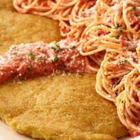 Crusted Chicken Romano · Breast of Chicken Coated with a Romano-Parmesan Cheese Crust. Served with Pasta in a Light T...