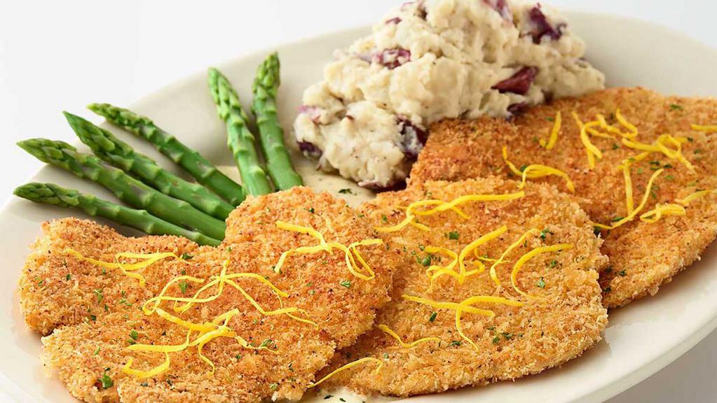Crispy Chicken Costoletta · Chicken Breast Lightly Breaded and Sauteed to a Crisp Golden Brown. Served with Lemon Sauce, Mashed Potatoes and Fresh Asparagus