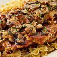 Chicken Marsala And Mushrooms · Chicken Breast Sautéed with Fresh Mushrooms in a Rich Marsala Wine Sauce. Served over Bow-Ti...