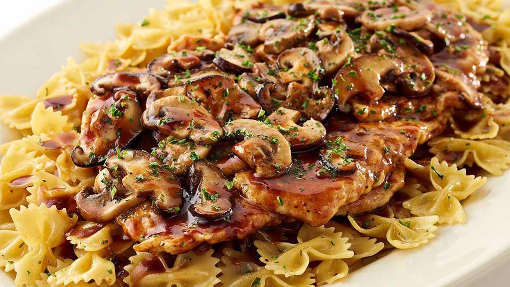 Chicken Marsala And Mushrooms · Chicken Breast Sautéed with Fresh Mushrooms in a Rich Marsala Wine Sauce. Served over Bow-Tie Pasta