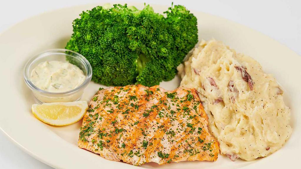Fresh Grilled Salmon · Served with Mashed Potatoes and Broccoli