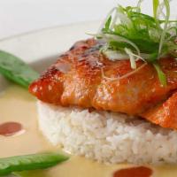 Miso Salmon · Fresh Miso Marinated Salmon Served with Snow Peas, White Rice and a Delicious Miso Sauce