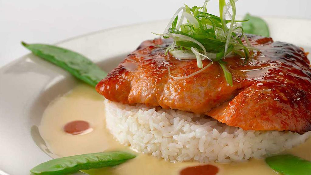 Miso Salmon · Fresh Miso Marinated Salmon Served with Snow Peas, White Rice and a Delicious Miso Sauce