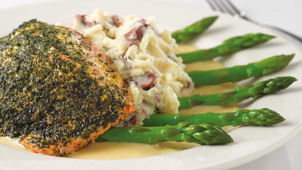 Herb Crusted Filet Of Salmon · Fresh Salmon with a Delicious Lemon Sauce, Asparagus and Mashed Potatoes