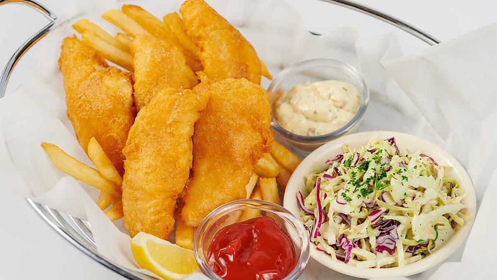 Fish & Chips · Hand Battered and Fried Crisp. Served with Cole Slaw, French Fries and Tartar Sauce