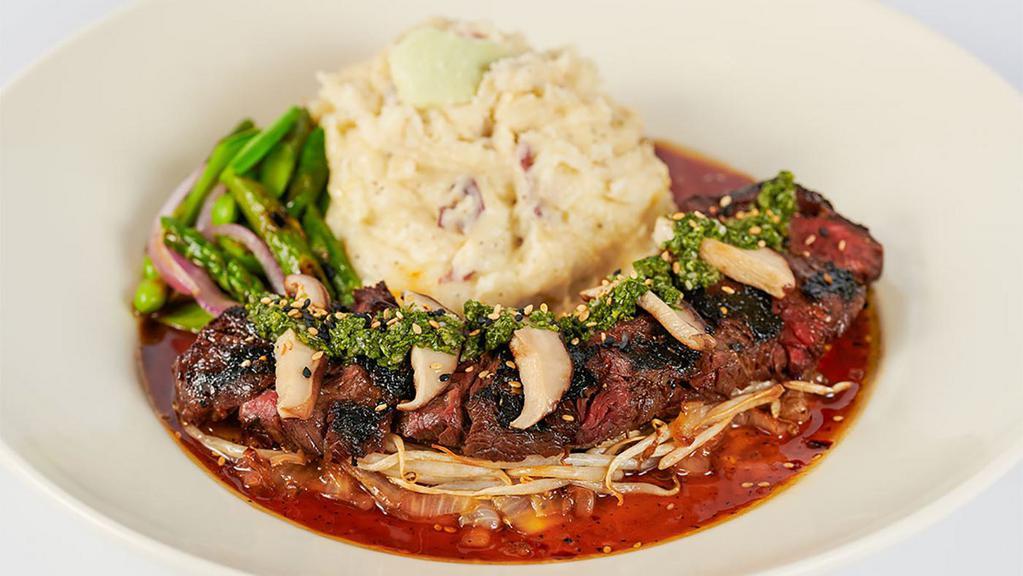 Hibachi Steak · Hanger Steak with Shiitake Mushrooms, Onions, Bean Sprouts, Wasabi Mashed Potatoes and Vegetables.