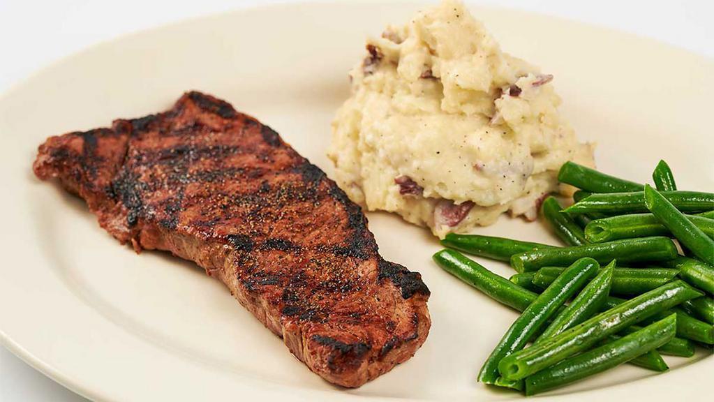 Chargrilled New York Steak · Served with Mashed Potatoes and Green Beans
