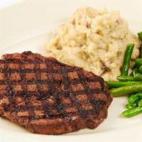 Grilled Rib-Eye Steak · Served with Mashed Potatoes and Green Beans