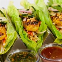 Asian Chicken Lettuce Wrap Tacos · Butter Lettuce Leaves Filled with Grilled Chicken and Carrots, Bean Sprouts, Cucumber, Cilan...