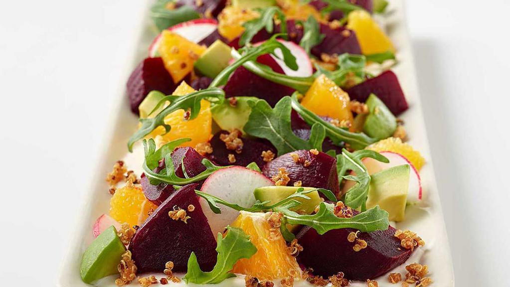 Beet & Avocado Salad · Glazed Beets, Avocado, Fresh Orange, Arugula and Honey-Yogurt Sauce