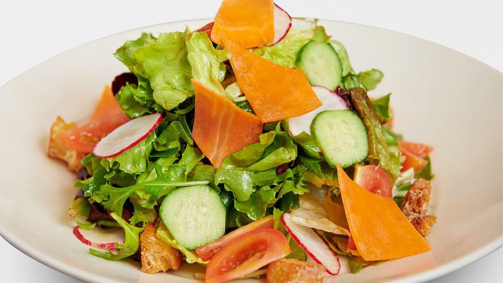 Tossed Green Salad · Mixed Greens, Assorted Vegetables, Tomato and Croutons with Your Choice of Dressing
