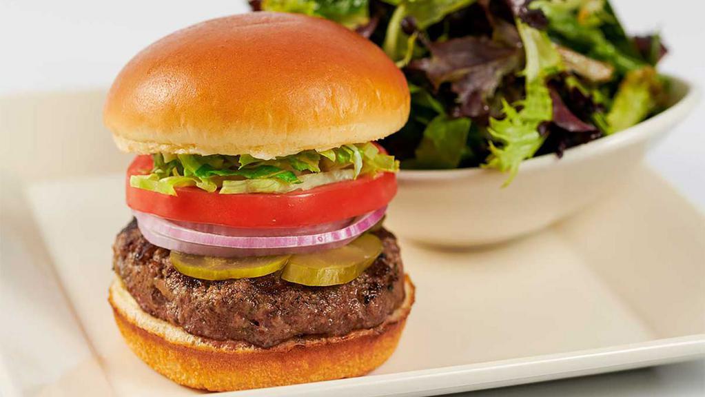 Skinnylicious® Hamburger · Our Hamburger on a Toasted Bun with Lettuce, Tomato, Onion, Pickles and Mayonnaise. Served with a Green Salad