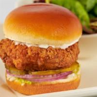 Skinnylicious® Crispy Chicken Sandwich With Ranch · Chicken Breast Fried Crisp with Lettuce, Pickles and Onions on a Toasted Bun. Served with a ...