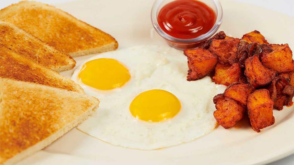 Farm Fresh Eggs · Two Farm Fresh Cage Free Eggs Served with Potatoes or Tomatoes, Toast, Bagel or English Muffin