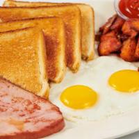 Farm Fresh Eggs With Grilled Ham · Two farm fresh eggs served with potatoes or tomatoes, toast, bagel, or English muffin.