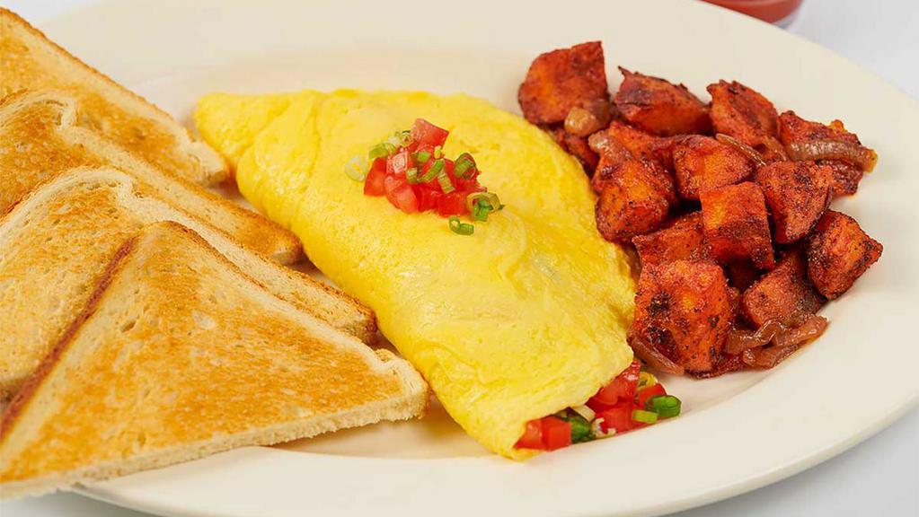 Factory Create An Omelette · Select Any Four of the Following: Bacon, Ham, Cheddar, Jack, Swiss, Fontina, Avocado, Roasted Peppers, Fresh Mushrooms, Asparagus, Spinach, Bell Peppers, Fresh Tomato, Red Onions or Green Onions