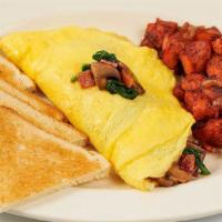 Spinach, Mushroom, Bacon And Cheese Omelette · Fresh Spinach, Sautéed Mushrooms, Smoked Bacon, Green Onions and Melted Cheese