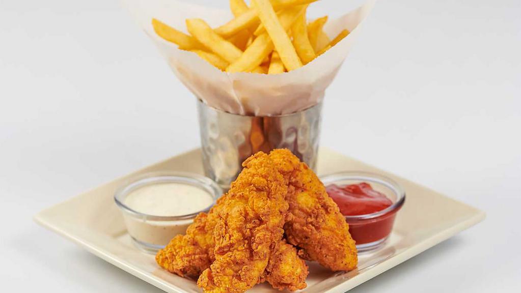 Kids' Fried Chicken Strips · Served with fries or fresh fruit.