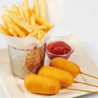 Kids' Mini Corn Dogs · Three All Beef Mini Hot Dogs. Served with Fries or Fresh Fruit