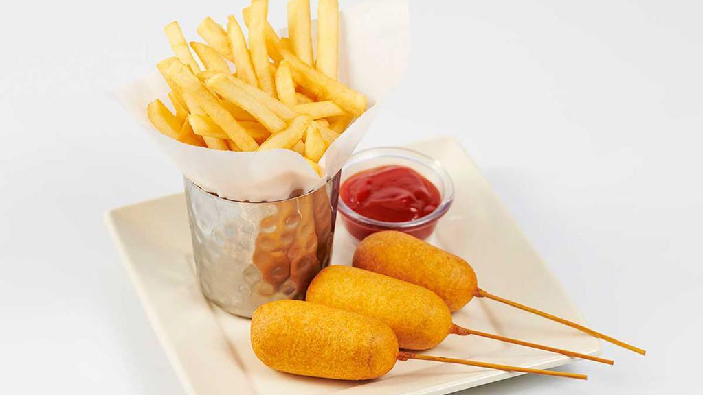Kids' Mini Corn Dogs · Three All Beef Mini Hot Dogs. Served with Fries or Fresh Fruit