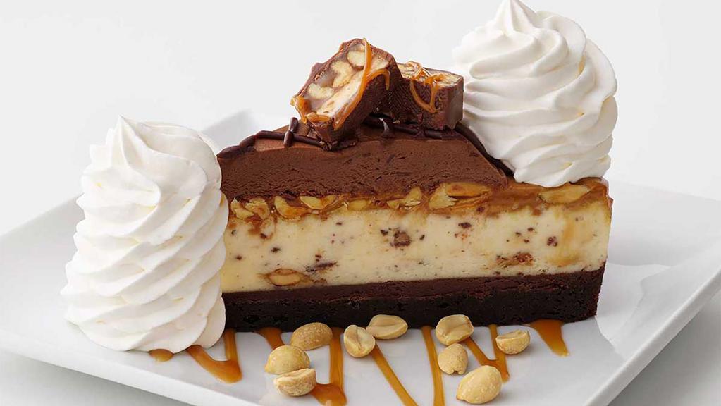 Chocolate Caramelicious Cheesecake Made With Snickers® · Original Cheesecake Swirled with Snickers® on a Brownie Crust with Chocolate, Caramel and Peanuts