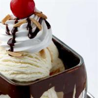 Hot Fudge Sundae · The Best Hot Fudge Anywhere. Topped with Whipped Cream and Almonds