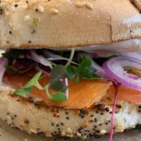Smoked Salmon (Open Faced) · Cream cheese, smoked salmon, sprouts, red onion, and capers.