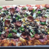 Party La Val's Special · Salami, pepperoni, mushrooms, olives, bells, onions linguica, sausage, and beef.