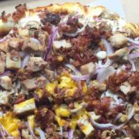 Large BBQ Chicken · Chicken, red onions, mushrooms, real bacon, on our own signature BBQ sauce.