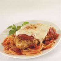 Chicken Parmesan with Spaghetti · Classic chicken parmesan on top of spaghetti with marinara sauce. Served cold in a microwava...