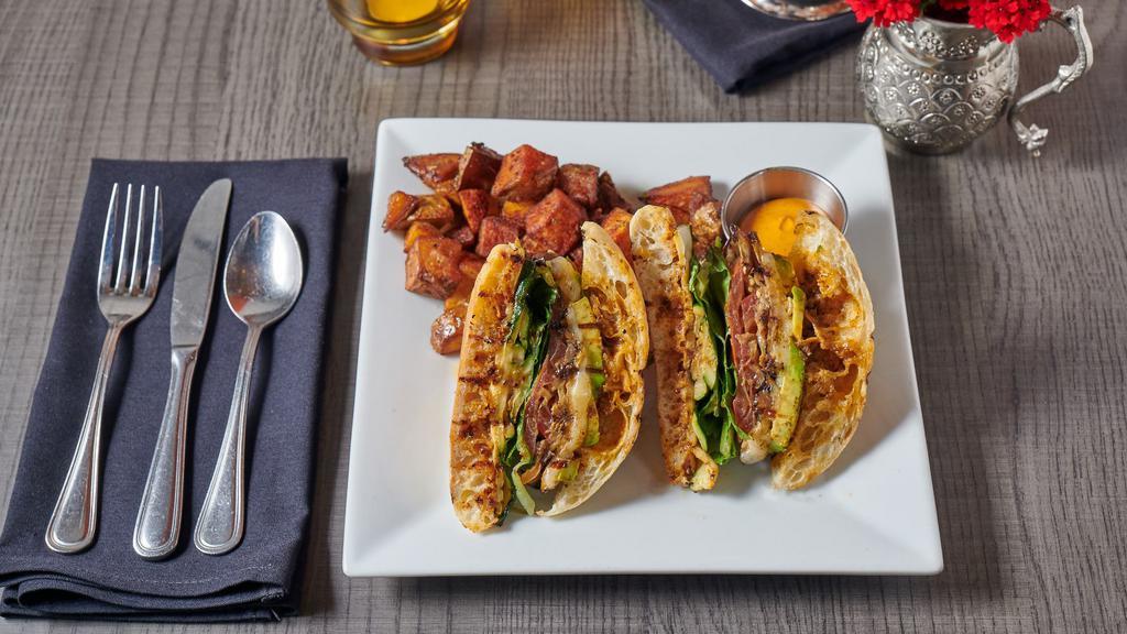 Grilled Vegetable Sandwich · Grilled Zucchinis, Fresh Cucumbers, Lettuce, Tomatoes, Ciabatta Bread, Eggplant, Avocado, Cheddar Cheese, Spicy Creole Mustard, Greek Fries