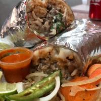 Super Burrito · Choice of meat,rice,beans,cheese,sour cream,onion,cilantro,hotsauce