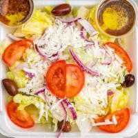 6. Greek Salad · Romaine lettuce, tomatoes, cucumbers, red onions, kalamata olives, and feta chees with our c...