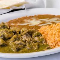 Pollo En Salsa Verde · Served with rice, refried beans and tortillas.